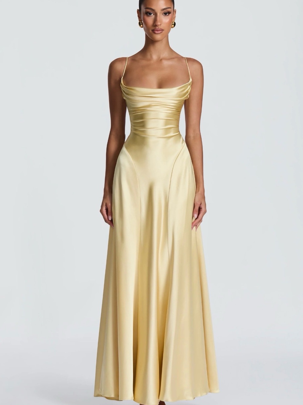 Satin Cowl Neck Maxi Dress in Pale Yellow